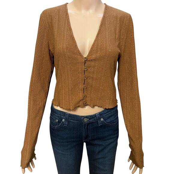 Zara Button Down Cardigan Top Large Cropped Lightweight Rust V Neck Lettuce Hem - Picture 1 of 9